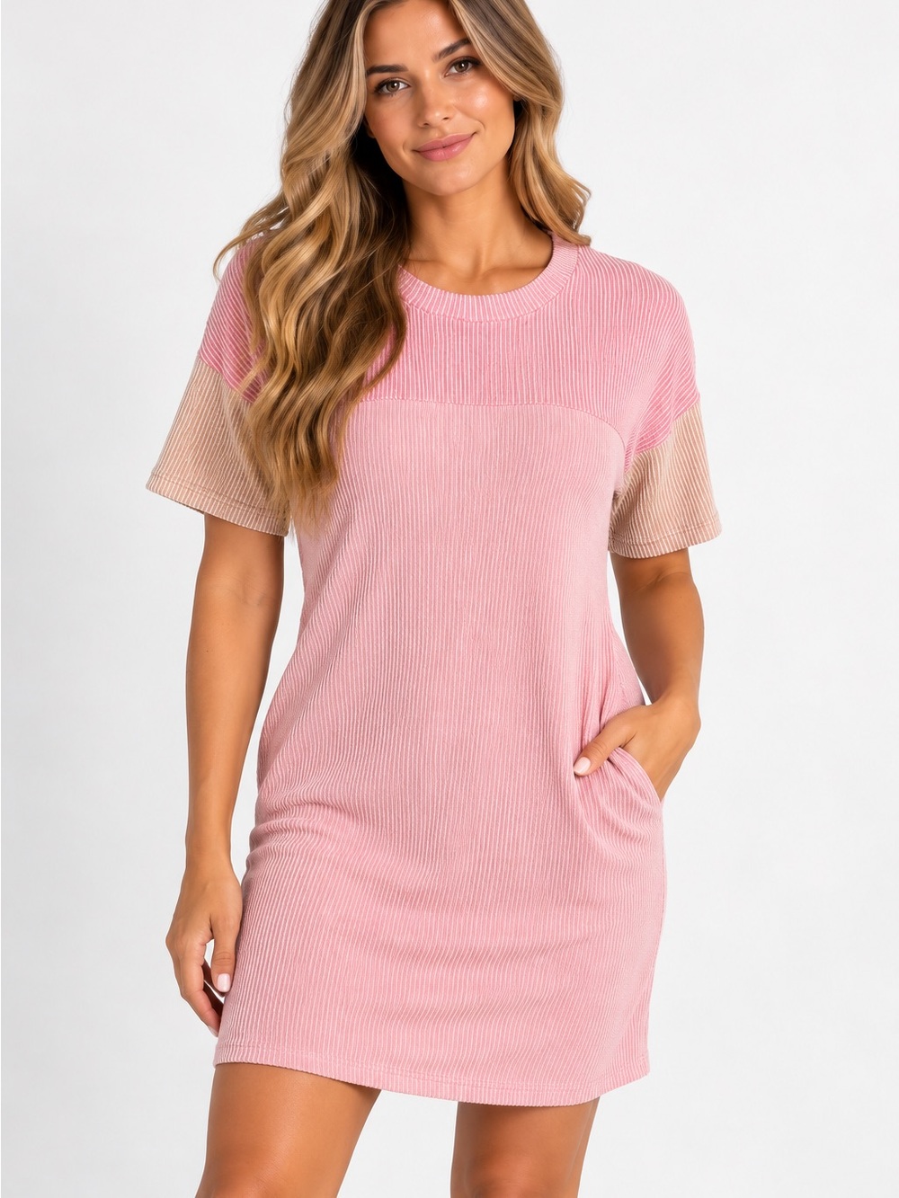 NWT Fantaslook Pink Ribbed T-Shirt Dress with Tan Sleeve Panels pockets size Lg